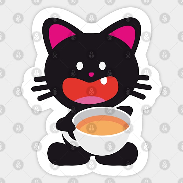 One Tooth Black Cat with Tea Sticker by HappyGiftArt